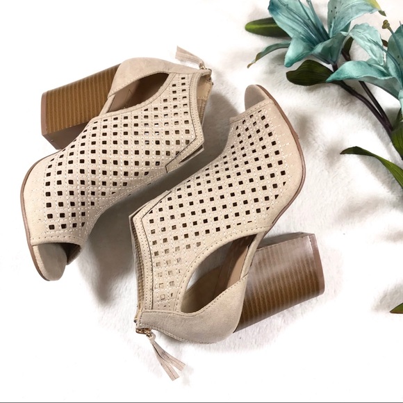 Beige Laser Cut Peep Toe Bootie - Picture 2 of 3